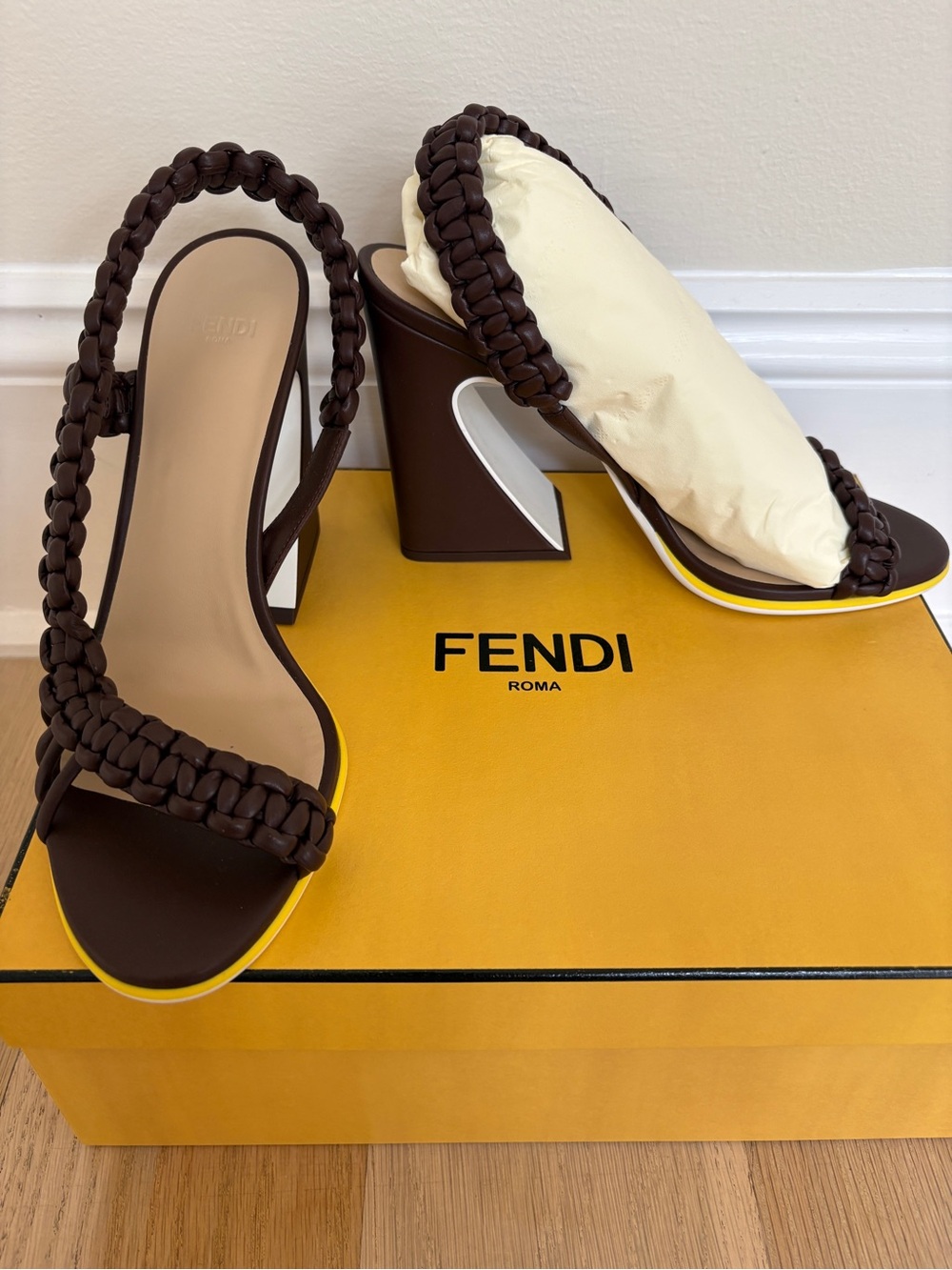 Fendi Brown Braided Strap Block Heel Sandals with Yellow Trim